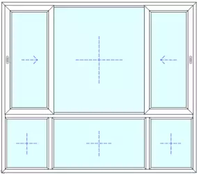 Diagram of a six-pane sliding window. The top three panes open horizontally to the left and right, with arrows indicating the direction. The bottom three panes are stationary.