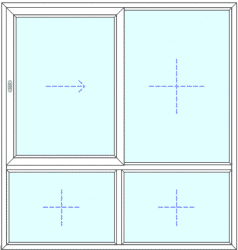 A schematic of a four-pane sliding window with three fixed panes and one movable pane indicated by an arrow pointing right.