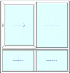 A schematic of a four-pane sliding window with three fixed panes and one movable pane indicated by an arrow pointing right.