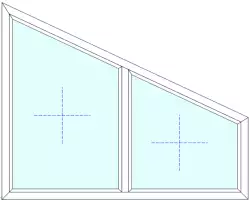 A schematic drawing of a two-panel, trapezoid-shaped window with a blue tint, featuring a crosshair symbol in the center of each panel.